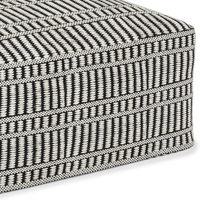 SIMPLIHOME Safford Square Pouf - 20 inch Wide Upholstered PET Polyester Ottoman in Black and White, Boho Indoor/Outdoor Footstool or Extra Seating for Living Room, Bedroom, or Patio, Assembled SimpliHome