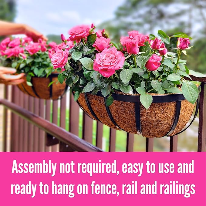 LaLaGreen Wall Planters - 16 Inch, 2 Pack Deck Railing Planter Boxes for Outdoor Plants, Window Flower Box with Coco Liners Metal Horse Troughs Fence Balcony Garden Herb Pot Patio Porch Over Rail L%C3%A1L%C3%A1Green