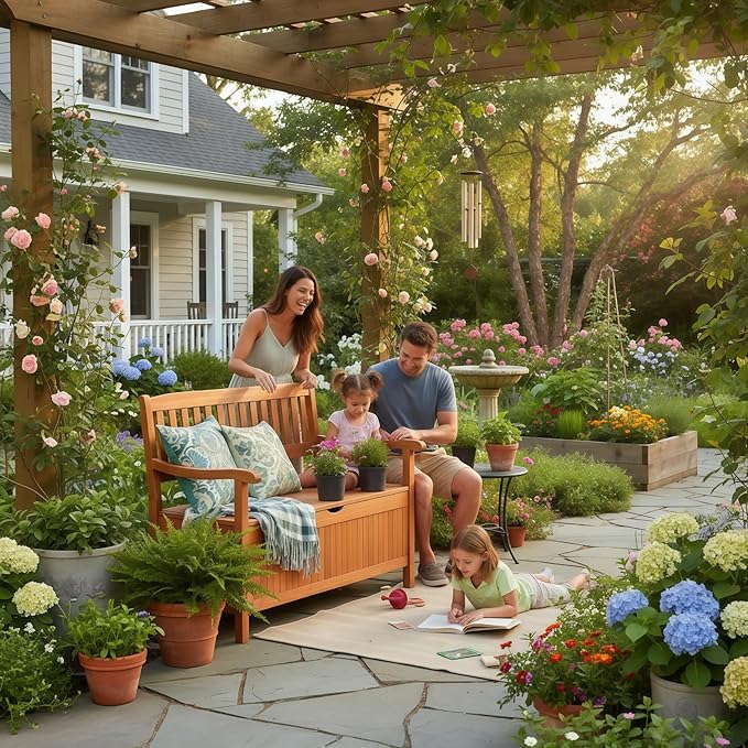 Tangkula Outdoor Wood Storage Bench Deck Box, Entryway Porch Storage Bench with Inner Removable Dust-Proof Lining & Portable Handles, Eucalyptus Wood Loveseat for Garden, Lawn, Balcony & Yard TANGKULA