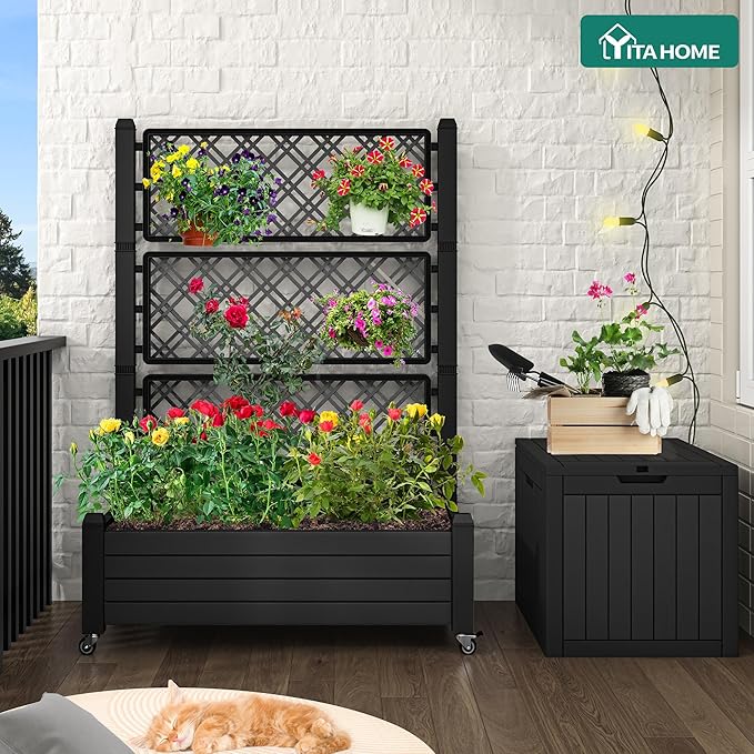 YITAHOME 43.3x17.7x61 in Planter Trellis Box with Wheels & Drain Plug, Outdoor Resin Raised Garden Bed for Climbing Plants, Large Weather-Resistant Design, Black YITAHOME