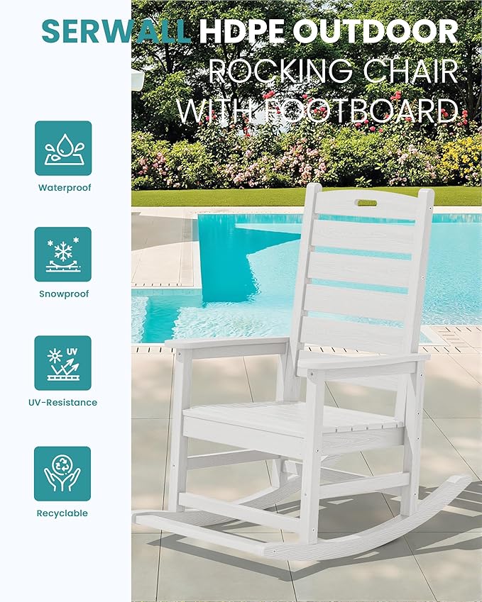 SERWALL HDPE Outdoor Rocking Chair, Oversized Rocking Chair with Footboard, High Back Porch Rocker Chair with 350lbs Support, White SERWALL