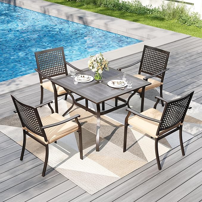 PHI VILLA 37 Inch Outdoor Dining Table Metal Steel Mesh Patio Dining Table Umbrella Table with 1.57" Umbrella Hole (Mesh) PHIVILLAThepioneerofcomfortablehouseholdsupplies