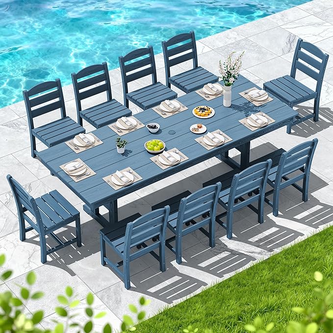 SERWALL 11 Piece Outdoor Dining Set, 84" HDPE Outdoor Table and Chairs for 10，All Weather Patio Furniture Set with Umbrella Hole for Backyard, Garden, Blue SERWALL