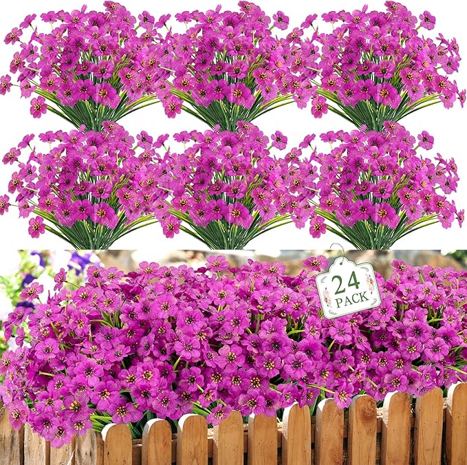 MACTING 24 Bundles Artificial Flowers for Outdoors Fake Flowers UV Resistant Faux Plastic Plants No Fade for Planters Window Patio Porch Home Garden Outside Spring Summer Decorations(Purple) MACTING
