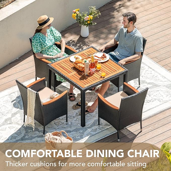 Devoko 5 PCS Furniture, Patio Conversation Set with Acacia Wood Top, Rattan Outdoor Dining Table and Chairs for Backyard, Garden, Deck, Black DEVOKO