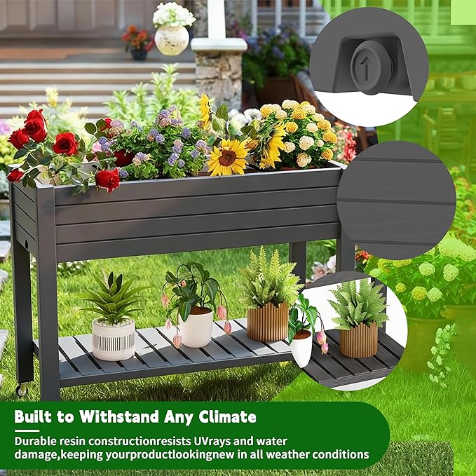 Elevated Raised Garden Bed with Legs, 33.66" Tall Self-Watering Resin Outdoor Planter Box with Storage Shelf, Drain Plug Water & Monitor for Plants Vegetables Flowers Fruits (Black) GYMHILL