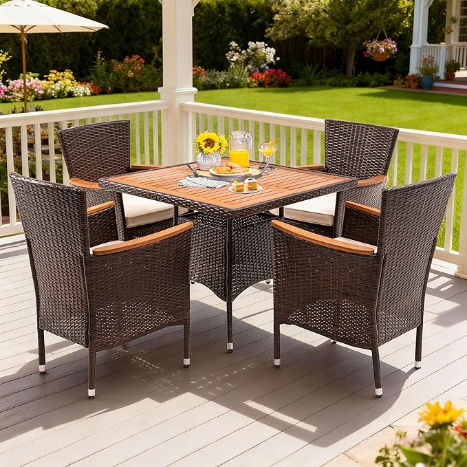 Wisteria Lane Patio Outdoor Table and Chairs Set, Rattan Outdoor Patio Furniture Set with Removable Cushions, Outdoor Patio Dining Sets with Acacia Wood Tabletop for Deck Garden Backyard, Brown WisteriaLane