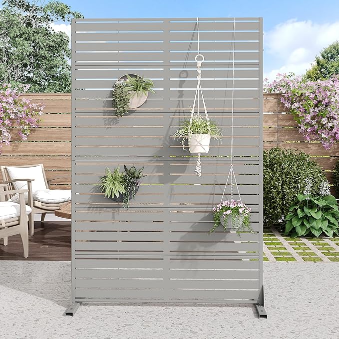 Casaphoria Metal Privacy Screen Outdoor, 72" H x 47" W Freestanding Decorative Privacy Screen for Patio Deck Balcony Garden with Stable Base, Grey-Louvered Casaphoria