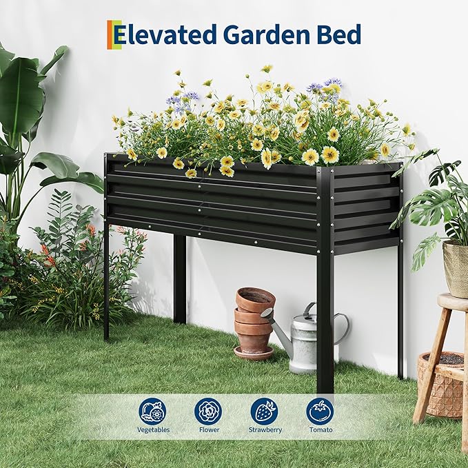 Galvanized Raised Garden Bed with Legs&Water Storage - 50×32×17 in Metal Planter Box, Outdoor Raised Garden Beds Gardening, Durable Planter Raised Beds, Sturdy Planters for Outdoor Plants (Black) GarveeLife