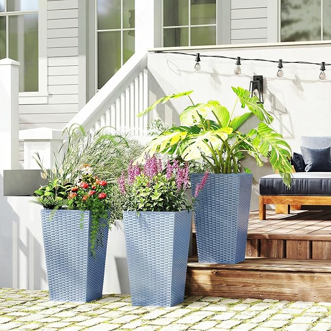 Outsunny Tall Planters for Outdoor Plants Set of 3, 24 in Taper Planters with Drainage Holes, Rattan Decor Plant Pots for Indoor Outdoor Front Porch Patio Backyard, Light Gray Outsunny