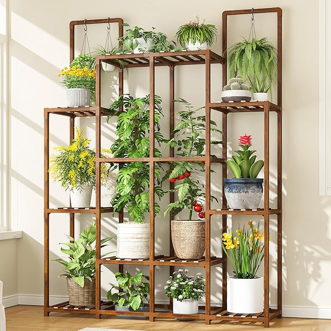 EnHomee Plant Stand Indoor Wood Plant Stand Outdoor Plant Shelf with 14-18 Potted Double Rod Large Plants Holder 440LBS Plants Shelves for Living Room Patio Balcony Yard Garden 44.8''W×11.6''D×47''H EnHomee