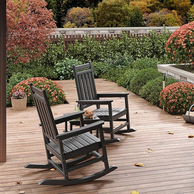 Rocking Chair Outdoor Set of 2 - HDPE Poly High Back Porch Rocker Chairs for Adults - All Weather Resistant Furniture for Patio Front Porch - Black GarveeLife