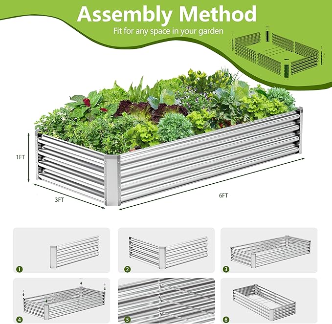 2PCS 6x3x1FT Galvanized Raised Garden Bed, Galvanized Planter Raised Garden Boxes Outdoor, Large Metal Raised Garden Beds for Vegetables-Silver AyenGuard
