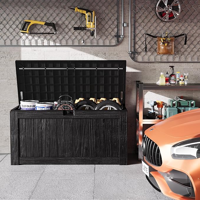 Greesum Outdoor Storage Box 120 Gallon Storage Bin with Lid for Patio Furniture, Garden Tools, Pool Supplies, Lockable, Waterproof and UV Resistant, Black BuynowfromGreesum