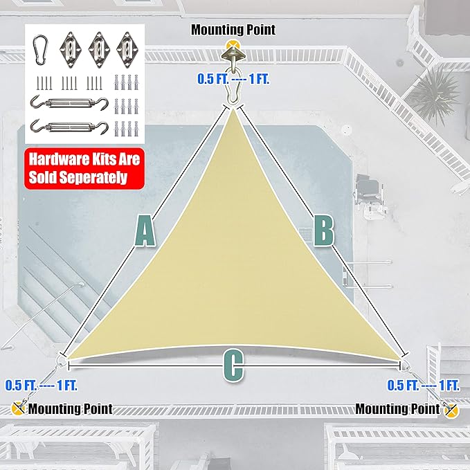 Amgo Custom Size 27' x 27' x 27' Sand Beige Triangle Sun Shade Sail UPF50+ AGTAPRT12, Order to Make Canopy Awning, 95% UV Blockage, Water & Air Permeable, Commercial Standard (We Customize) Amgo