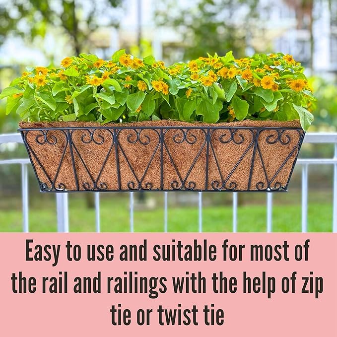 LaLaGreen Wall Planter - 4 Pack, 30 Inch Large Black Window Flower Basket Boxes Outdoor Attach House, Rectangular Deck Railing Hanging Pot with Coco Liner Over Rail Fence Balcony Patio Porch L%C3%A1L%C3%A1Green
