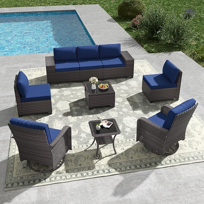 Kullavik 9 Pieces Outdoor Patio Furniture Set,PE Wicker Rattan Sectional Sofa Patio Conversation Sets with Swivel Rocking Chairs Set,Navy Blue KULLAVIK