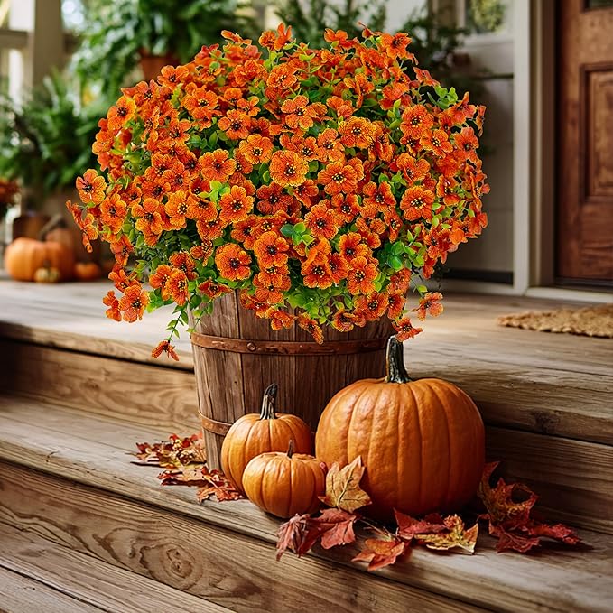 Artificial Fall Flowers Outdoor Fake Mums - 16 Bundles Fake Plants UV Resistant No Fade Faux Plastic Greenery Garden Porch Patio Fall Home Decor (Red Orange16) AXYLEX