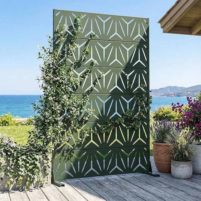Casaphoria Metal Privacy Screen Outdoor, 72" H x 47" W Freestanding Decorative Privacy Screen for Patio Deck Balcony Garden with Stable Base, Drakgreen-Star Casaphoria
