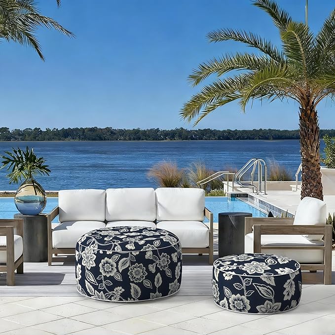 LVTXIII Indoor/Outdoor Extra Large Inflatable Ottoman Pouf D31 x H14 Inch, Round Footstool with Handle, Weather-Resistant Portable Furniture for Patio, Camping, Beach, Elegant Vines Navy LVTXIII