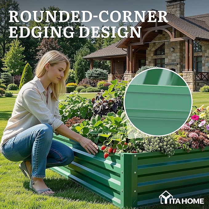 YITAHOME 6x3x1ft 2pcs Large Raised Garden Bed Kit, Galvanized Metal Planter Box with Gloves, Ground Nails, Support Rod, Outdoor Above Ground Planters for Plants Vegetables Flowers, Green YITAHOME