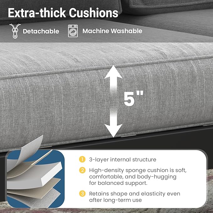 Solaste Aluminum Outdoor Patio Furniture Set, 7 Seats Patio Sectional Sofa with 5" Thick Cushion, Outdoor Patio Set with Coffee Table for Porch, Backyard, Deck, Yard, Light Grey Solaste