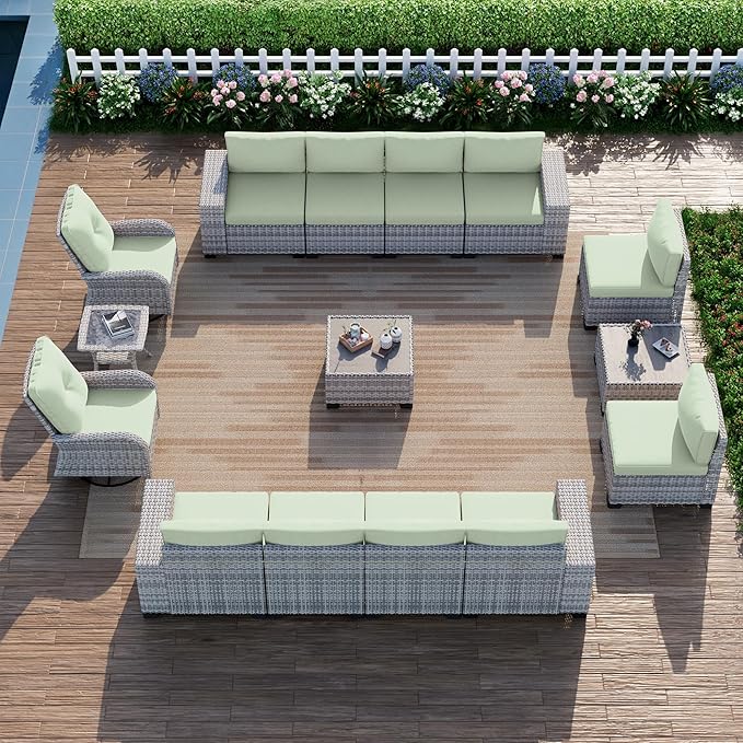 15-Piece Outdoor Patio Furniture Set with Rocking Swivel Chair Wicker Sectional Sofa Set, Patio Conversation Set with Thickened Cushions & Coffee Table for Garden, Backyard, Light Green MuphyersPatioFurniture