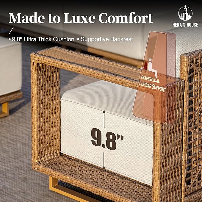 HERA'S HOUSE Patio Furniture Set, 4 Pieces Sectional Outdoor Rattan Wicker Sofa, All Weather Patio Conversation Set with 10" Ultra Thick Comfy Sponge Cushion,5.3" Widened Armrest,Patio Couch HERASHOUSE