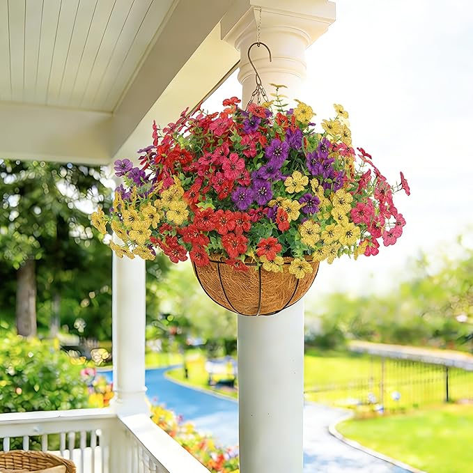 Senjie 12 Bundles Artificial Hanging Flowers with Basket for Outdoor Decor, UV Resistant Faux Flowers Fake Hanging Planter for Porch Patio Balcony Senjie