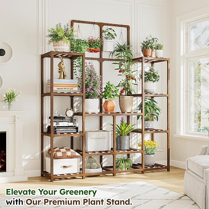EnHomee Plant Stand Indoor Wood Plant Stand Outdoor Tiered Plant Shelf for Multiple 16-21 Potted Plants for Living Room Patio Balcony Yard Garden 44.9" W x 11.8" D x 62.2" H EnHomee