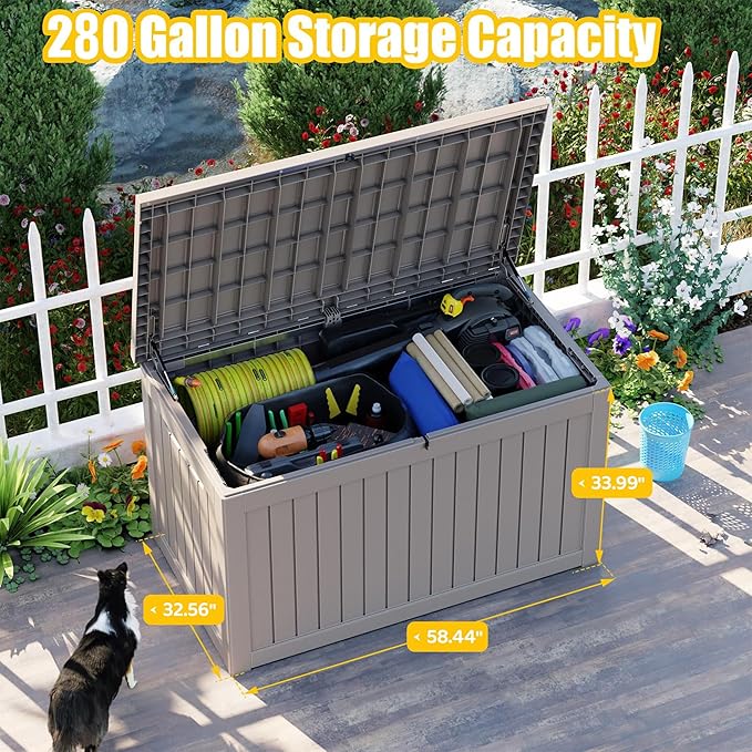 280 Gallon Outdoor Deck Box, Lockable Waterproof Outdoor Storage Boxes For Garden Tools,Indoor Cushions,Accessories Outside Storage Resin Weatherproof Container(Grey) MAIUSCOLI