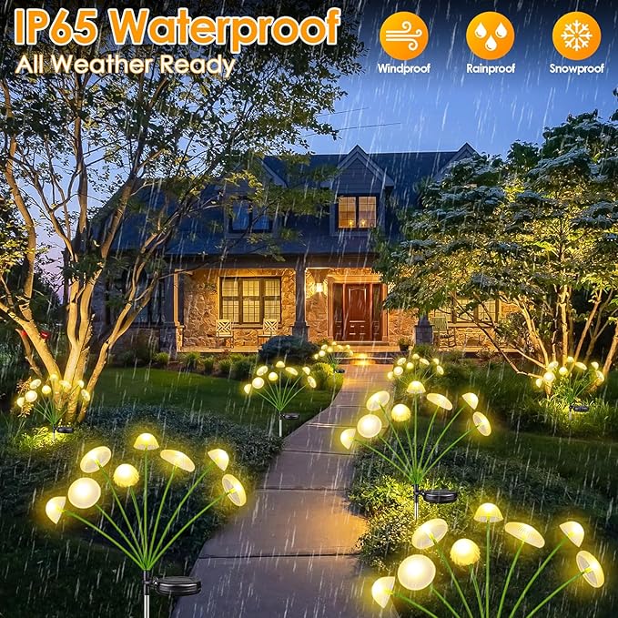 KAQ 4PK 32LED Solar Garden Lights Outdoor Waterproof | Solar Mushroom Lights for Outside Sway by Wind Firefly Fairy Light for Patio Pathway Garden Bush Yard Decorations (Warm White) KAQ