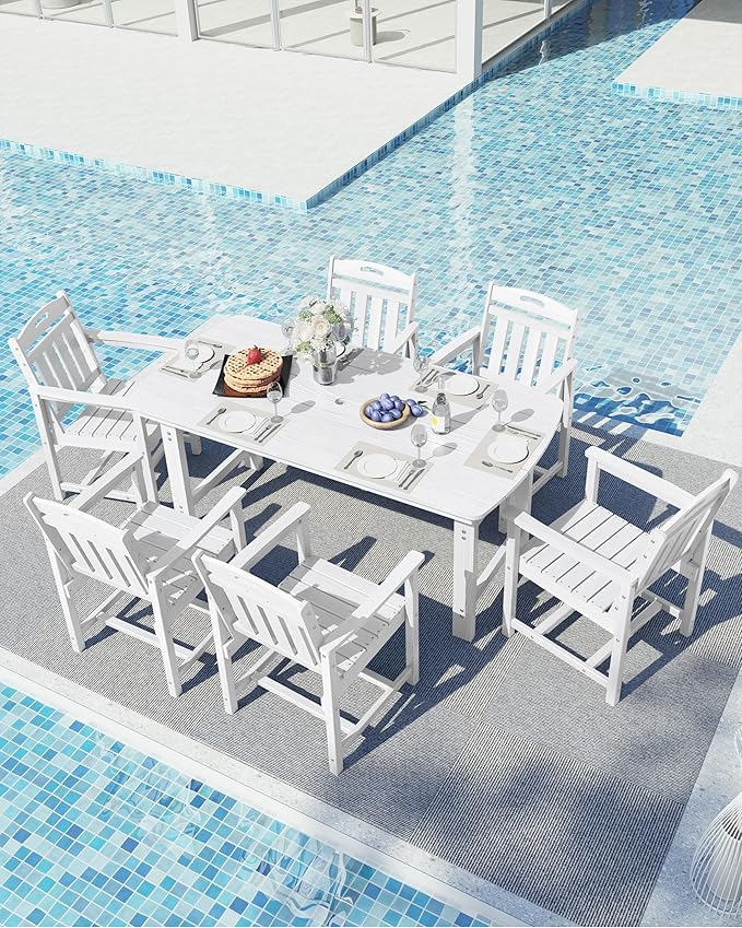 Ciokea HDPE Outdoor Dining Set, 7-Piece Patio Table and Chairs Set with Umbrella Hole, All-Weather Patio Dining Sets for 6, Durable Patio Furniture for Backyard, Garden, Lawn & Poolside, White CIOKEA