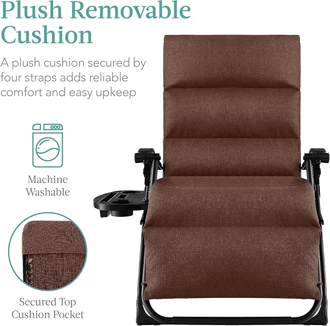 Best Choice Products Oversized Zero Gravity Chair, Folding Outdoor Patio Recliner, XL Anti Gravity Lounger w/Removable Cushion, Cup Holder, Side Tray, 350lb Capacity - Woodland Brown BestChoiceProducts