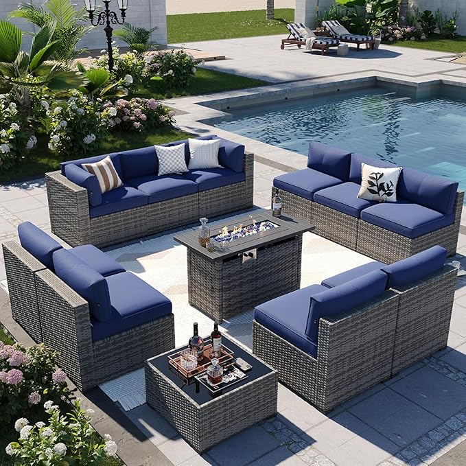 Aoxun Patio Furniture Sets, 12-Piece Outdoor Patio Furniture with 44'' Propane Gas Firepit Table, Wicker Outdoor Conversation Set Sectional Sofa for Backyard, Poolside, Garden Aoxun
