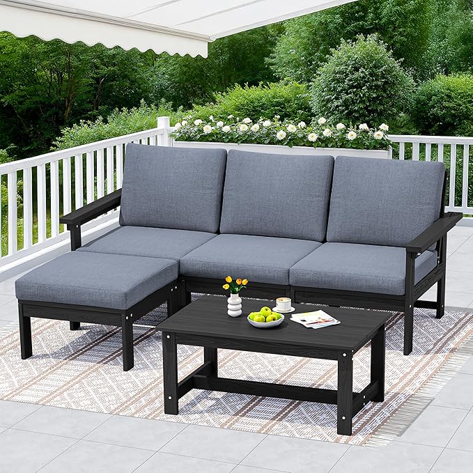 SERWALL Outdoor Sectional Sofa Set, 5-piece Outdoor Modula Couch Set with Ottoman, All Weather Patio Furniture Set with Chaise for Deck, Lawn, Black Frame with Gray Cushion SERWALL