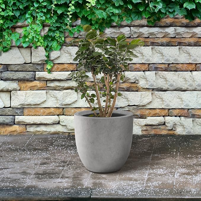 Kante 13.4" Dia Round Concrete Planter, Large Outdoor Modern Indoor Decorative Plant Pots with Drainage Hole and Rubber Plug for Home and Garden, Natural Concrete Kante