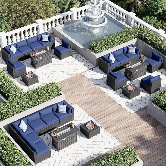 Aoxun 8 Piece Patio Furniture Set with 44” Fire Pit Table, Wicker Rattan Patio Sectional Sofa, Outdoor Furniture Set with Thickened Cushion, Blue Aoxun