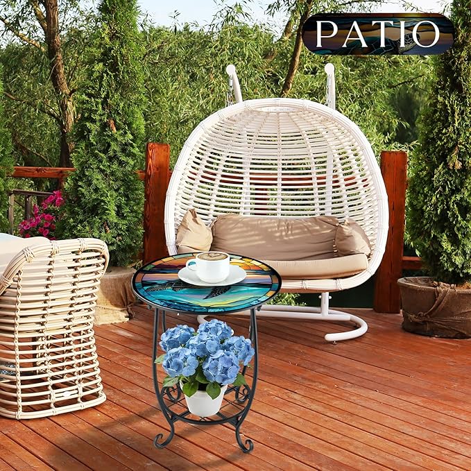 Outdoor Side Table Round Small Mosaic Patio Accent Indoor End Plant Coffee Tea Table for Yard Patio Porch Garden Living Room, Bedroom(Turtle Style,12 Inch) Cinnvoice