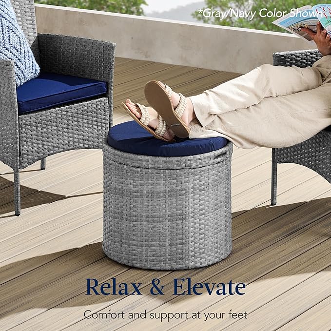 Best Choice Products Round Wicker Ottoman, Multipurpose Outdoor Furniture for Patio, Backyard, Additional Seating, Footrest, Side Table w/Storage, Removable Cushions – Brown/Red BestChoiceProducts