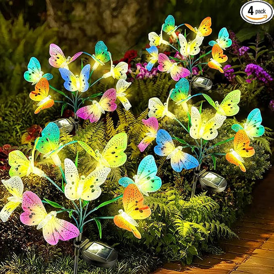 Anordsem Solar Garden Lights Outdoor: 8 Removable Fiber Optic Fabric Butterflies 4 Pack - Waterproof Fun Animal Decoration for Yard Patio - Gardening Gifts for Garden Lovers Anordsem