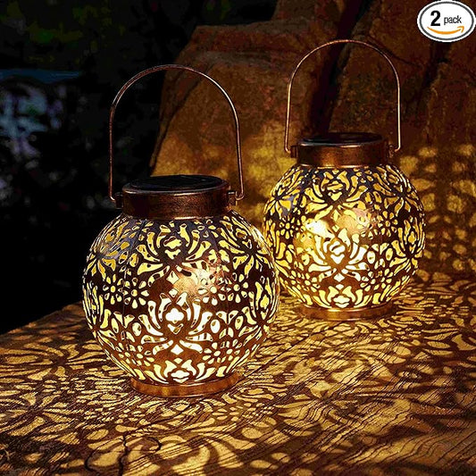Set of 2 Solar Lanterns Outdoor Hanging Decorative Lights for Garden Patio Porch Decorations. (Bronze) DAMAYCA