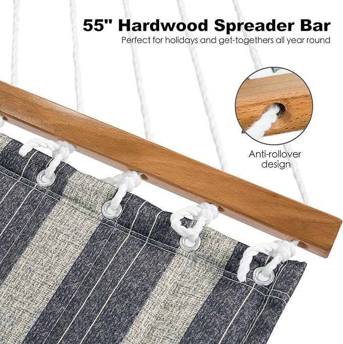 2 Person Hammocks for Outside, Double Quilted Fabric Outdoor Hammock with Spreader Bar, Large Removable Pillow, Storage Pockets, Carabiners, Max 475 lbs Capacity (Mountain Mist Gray) GafeteOutdoorLiving