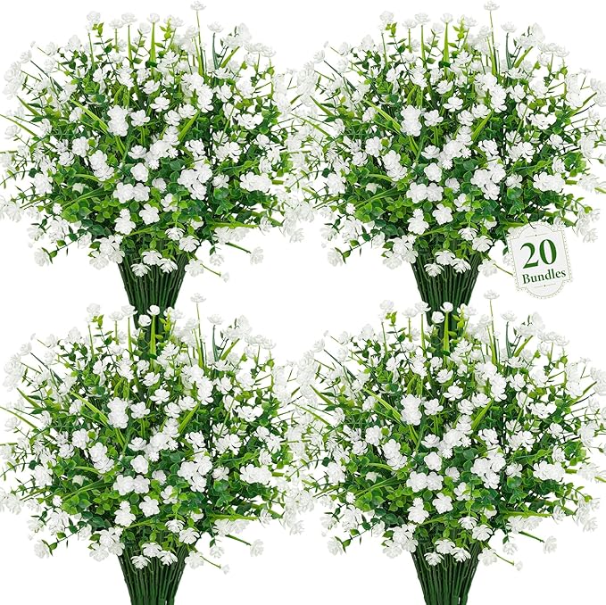 20 Bundles Artificial Flowers for Outdoors Fake Plastic Flowers UV Resistant Realistic Faux Plants Shrubs for Spring Summer Garden Porch Yard Patio Planter Window Box Home Decor, White Besteek