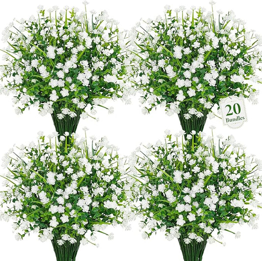 20 Bundles Artificial Flowers for Outdoors Fake Plastic Flowers UV Resistant Realistic Faux Plants Shrubs for Spring Summer Garden Porch Yard Patio Planter Window Box Home Decor, White Besteek
