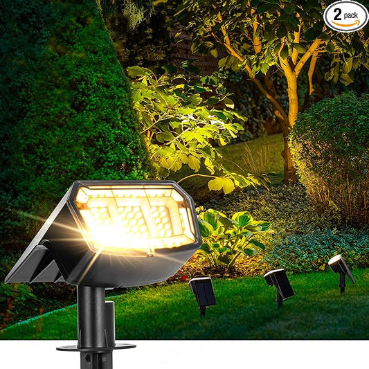 Solar spotlights Outdoor 63 LED 3 Lighting Modes, IP65 Waterproof Lighten Yard Garden House Garage Pathway for Christmas Decorations-2 Pack AUDERWIN