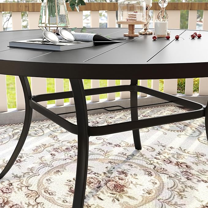 VICLLAX 60" Outdoor Round Patio Table for Lawn Garden, All Weather Metal Round Patio Dining Table with Adjustable Umbrella Hole, Outdoor Table for 8-10 Person, Black Tabletop HOME