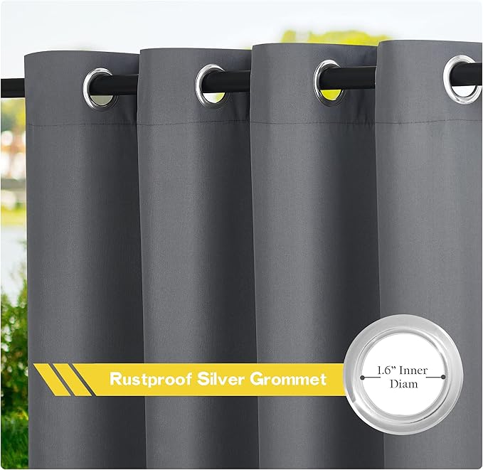 NICETOWN Patio Curtains Outdoor Waterproof 2 Panels, Stainless Steel Ring Top Outdoor Indoor Window Drapes Keep Rain Out for Gazebo/Playground/Porch, W55 x L95 Inch, Grey NICETOWN