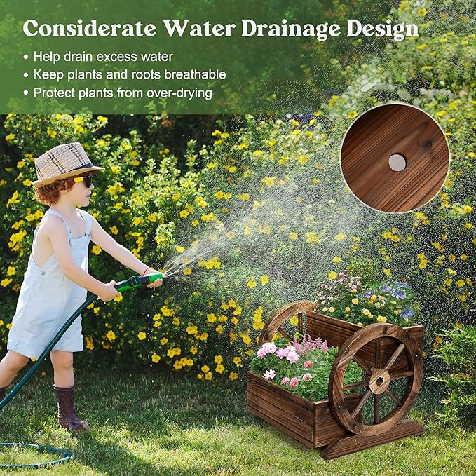 Wooden Wagon Planter Box, Garden Planter with Wheels,Decorative Planter for Flowers Herbs Vegetables for Indoor & Outdoor Décor, Flower Cart for Patio Garden Balcony OIPRTGFJ