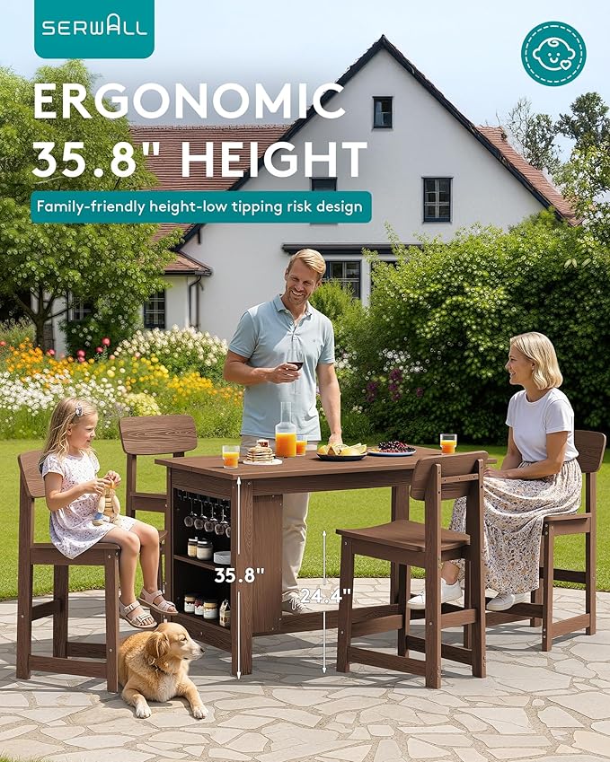 SERWALL 8-Piece HDPE Counter Height Dining Table Sets with Storage and Wine Rack, 2 Rectangular Bar Table with Bar Stools Set of 6 for Garden, Backyard, Kitchen, Brown SERWALL